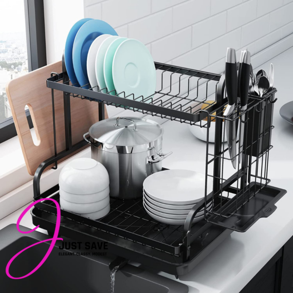 Multifunctional Dish Rack, Rustproof Kitchen Dish Drying Rack with Drainboard & Utensil Holder, 2-Tier Dish Drying Rack